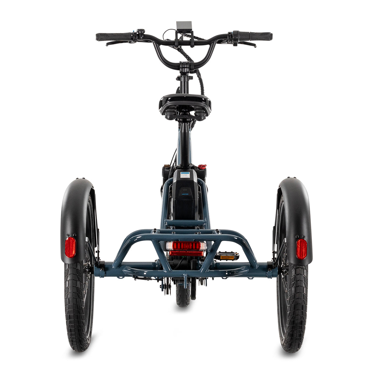 Lectric XP Trike2 electric tricycle in Dusk Blue, rear view