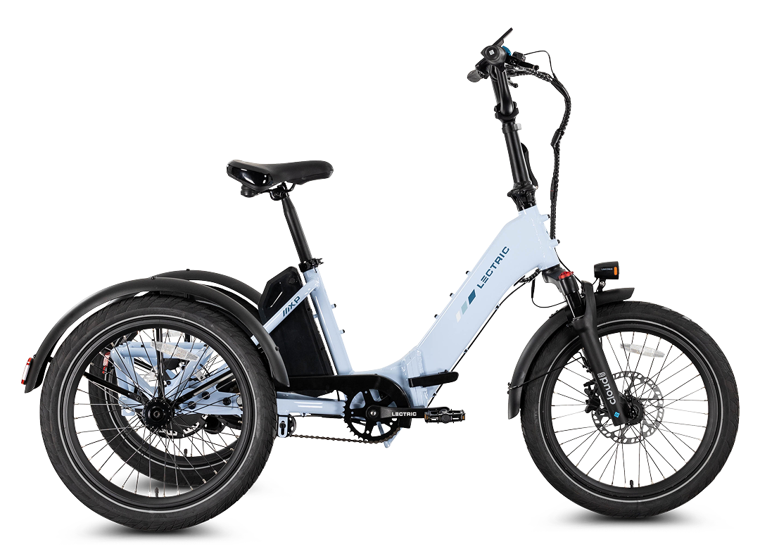 Lectric XP Trike 2 electric tricycle in Glacier Blue, side view, studio background