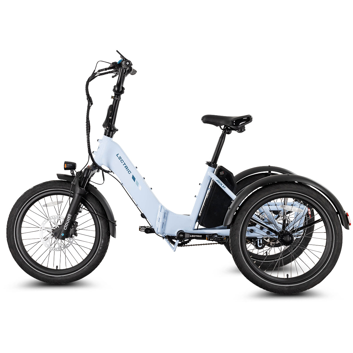 Lectric XP Trike2 electric tricycle in Glacier Blue, left side view