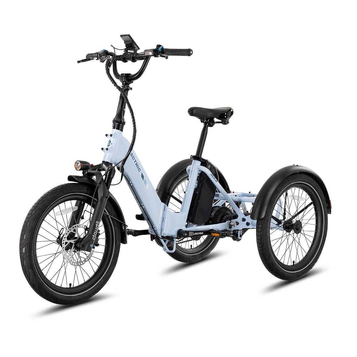 Lectric XP Trike2 electric tricycle in Glacier Blue, front three-quarter view from the left