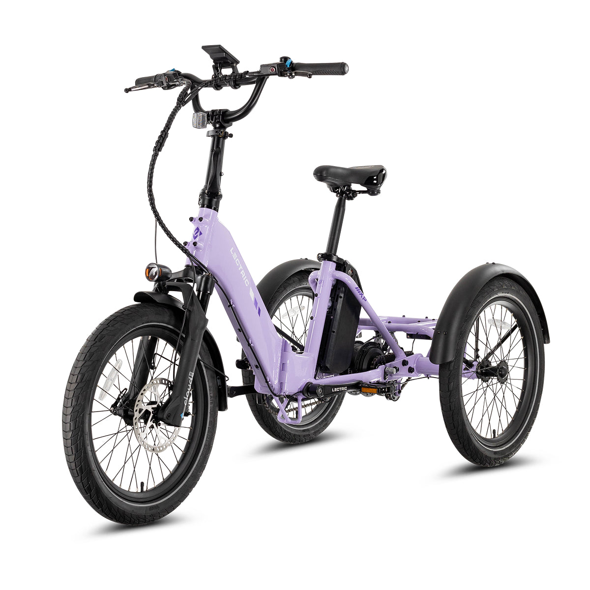 Lectric XP Trike2 electric tricycle in Lavender Haze, front three-quarter view from the left