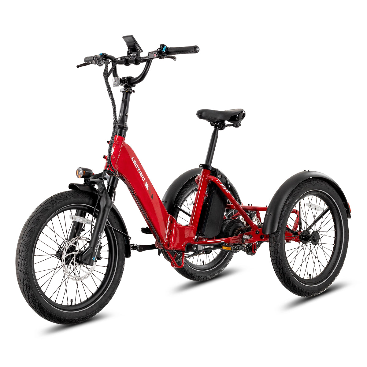 Lectric XP Trike2 electric tricycle in Phoenix Red, front three-quarter view from the left