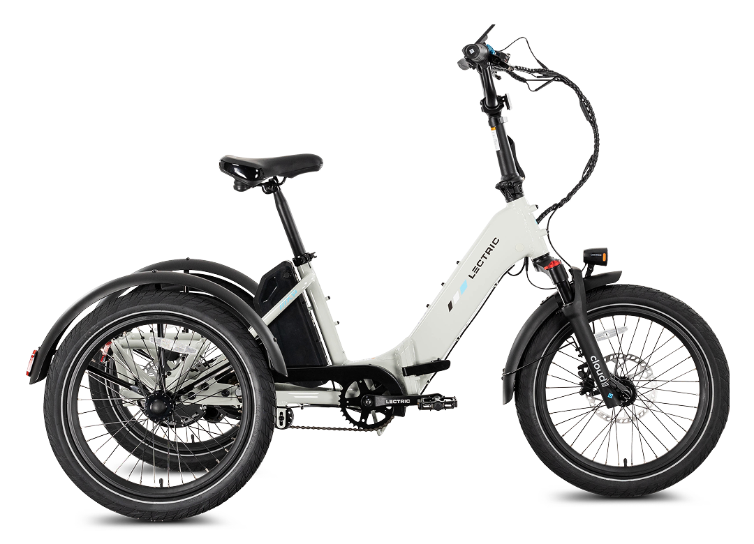 Lectric XP Trike 2 electric tricycle in Stratus White, side view, studio background