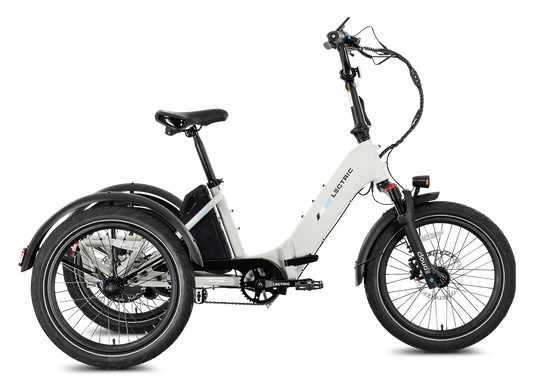 Lectric XP Trike 2 electric tricycle in Stratus White, side view, studio background