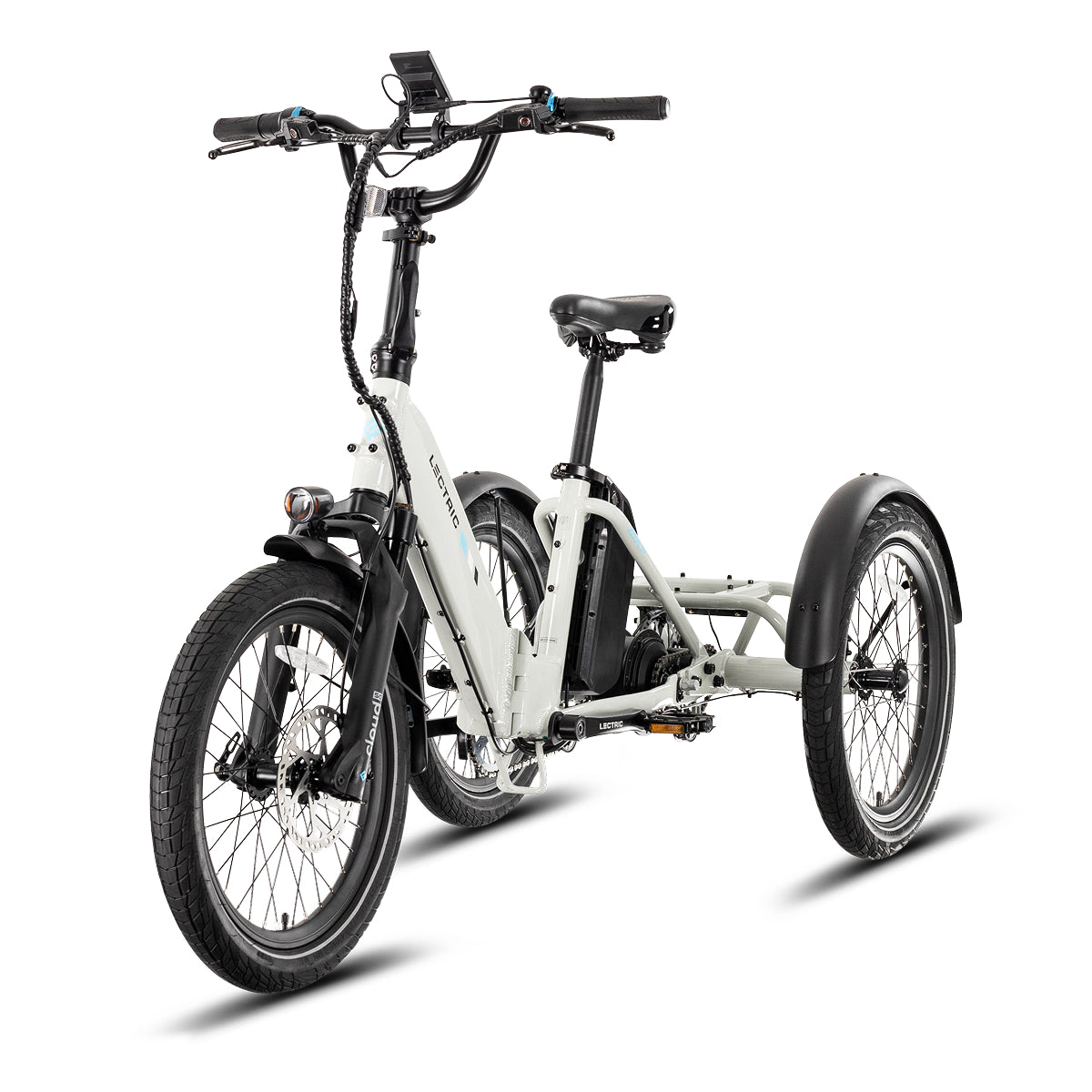 Lectric XP Trike2 electric tricycle in Stratus White, front three-quarter view from the left