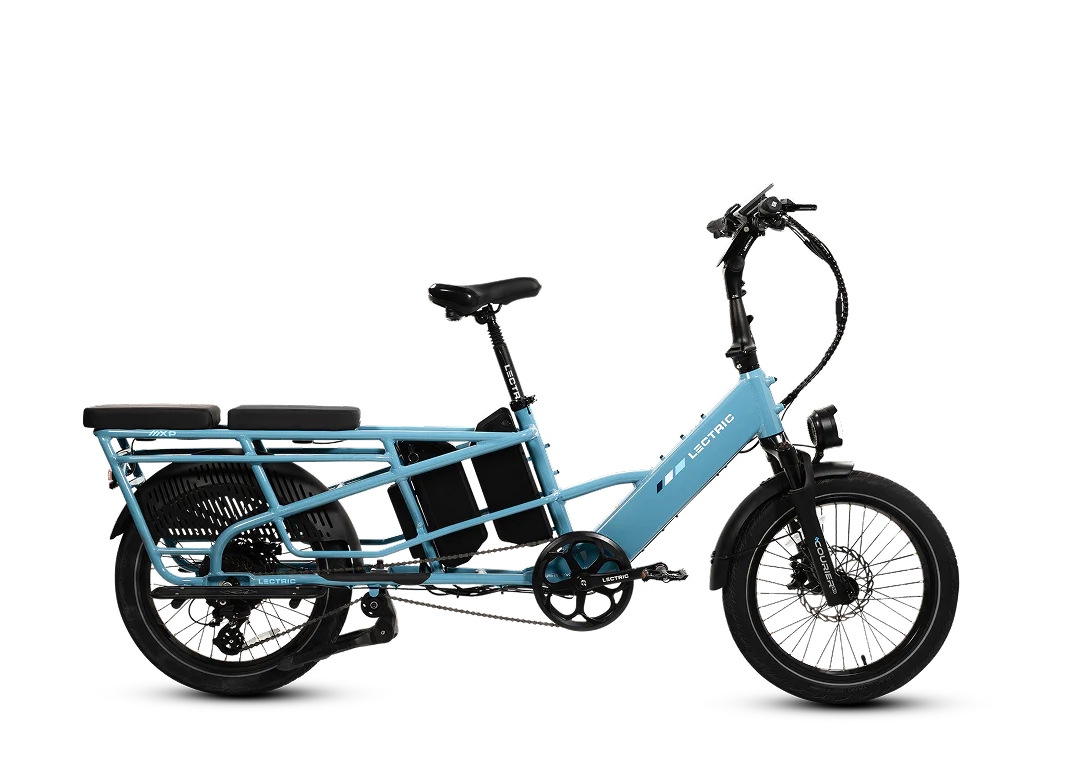 Lectric XPedition 2 eBike in Raindrop Blue, side view, displayed against a white background