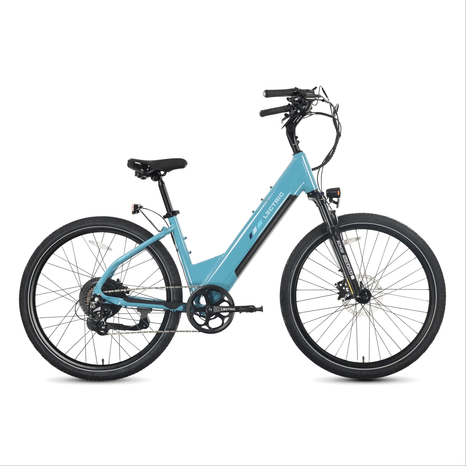 Lectric XPress 2 eBike in Raindrop Blue, side view, studio background