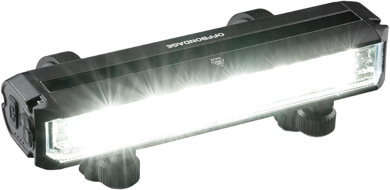 A black eBike light bar mounted on bicycle handlebars, featuring multiple LED lights and a sleek, compact design.