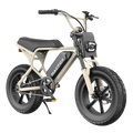 Desert beige Macfox M16 eBike side view, parked on sandy terrain with clear sky background