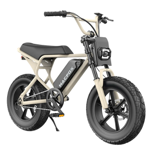 Desert beige Macfox M16 eBike side view, parked on sandy terrain with clear sky background