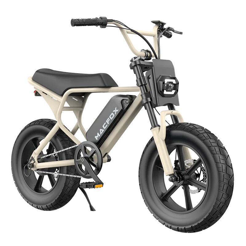 Desert beige Macfox M16 eBike side view, parked on sandy terrain with clear sky background