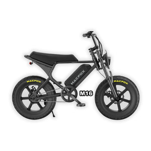 Black Macfox M16 eBike in its box, product image, side view