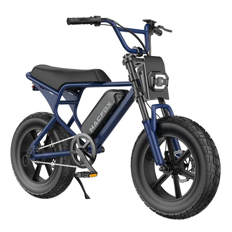 Navy blue Macfox M16 eBike side view with black tires and silver accents