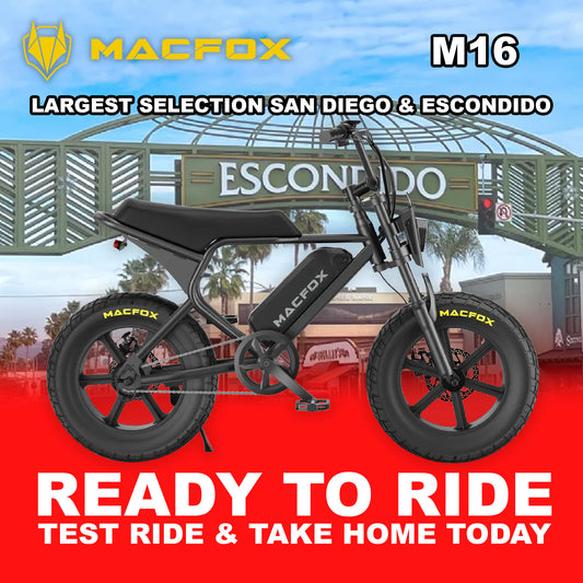Black Macfox M16 eBike parked outdoors, side view, with R2R Escondido branding visible.