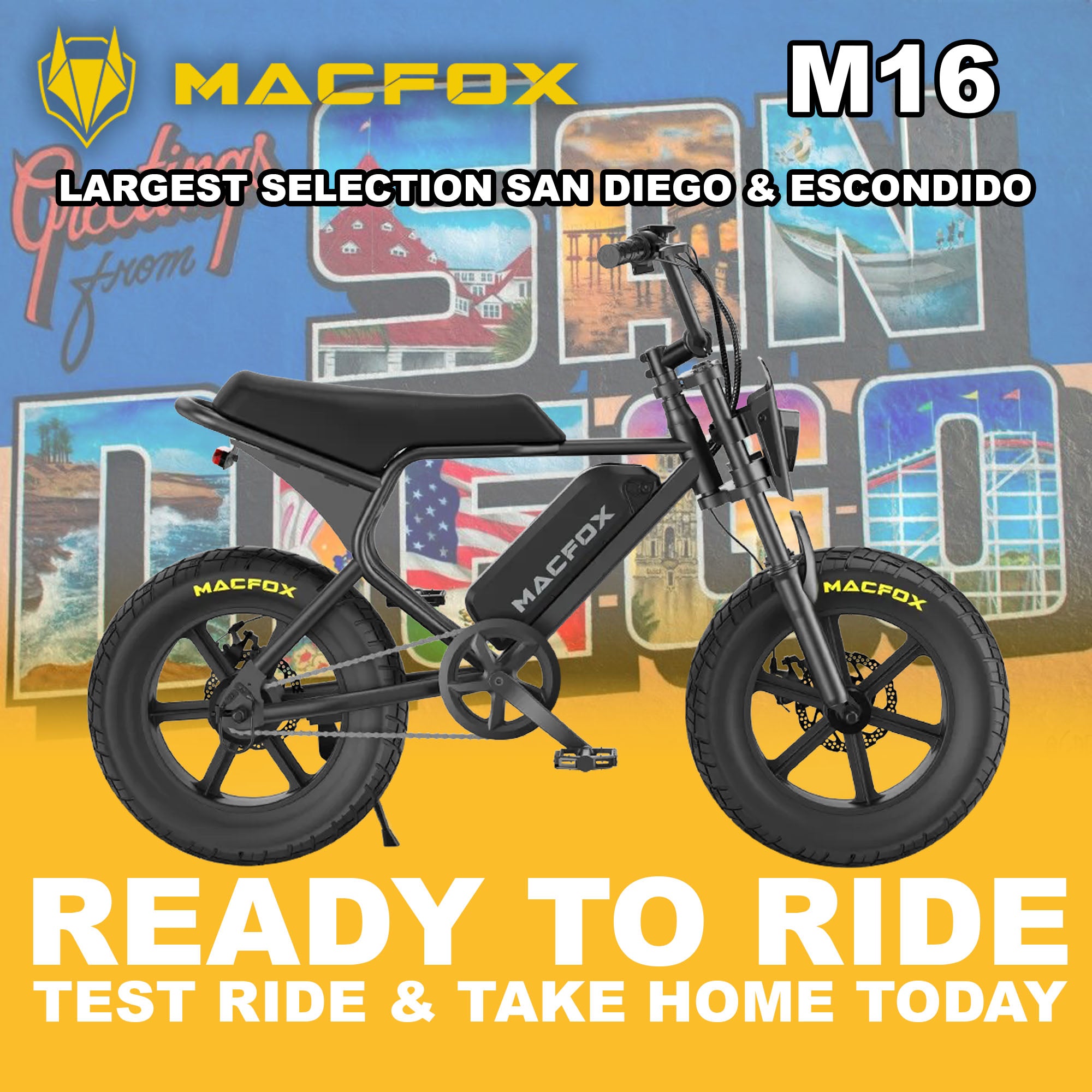 Black Macfox M16 eBike parked outdoors in San Diego, side view, with cityscape background