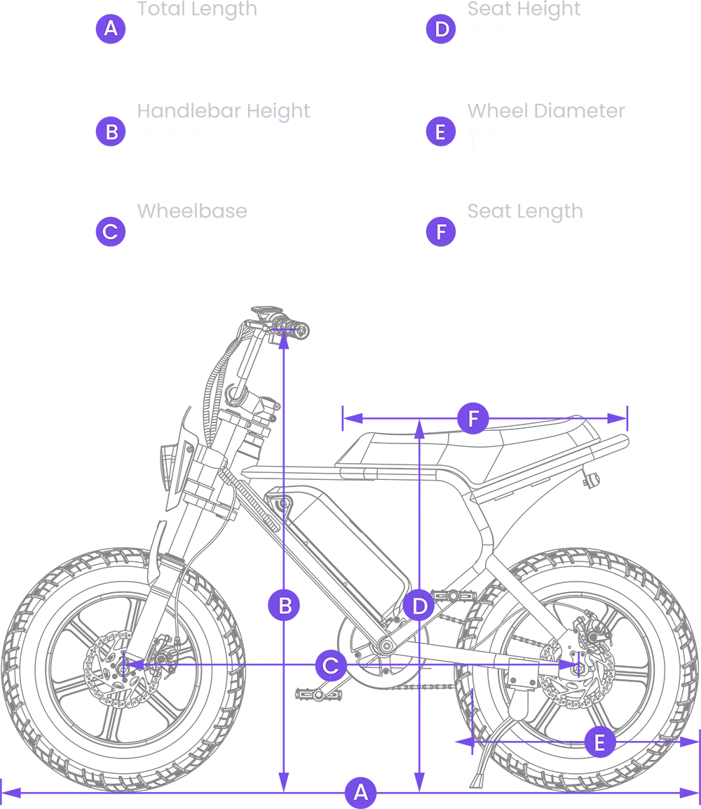 Alt text: Size guide chart for the Macfox M16 eBike, displaying frame dimensions, wheel size, seat height, and overall bike measurements.
