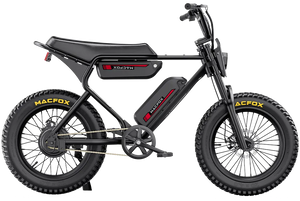 A black Macfox X1S eBike with dual suspension, shown from the side against a white background.