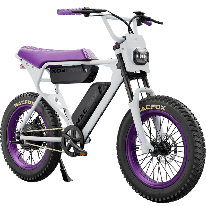 Side view of the Macfox X1S eBike with dual batteries, showcasing its sleek black frame, thick tires, and Bs.zay branding.