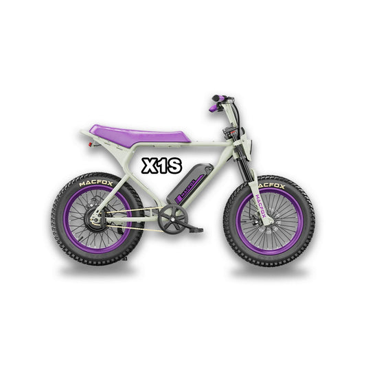 Purple MACFOX X1S x Bs.zay electric e-moto style step-over eBike with single battery and mini fat tires, 500W motor, product image.
