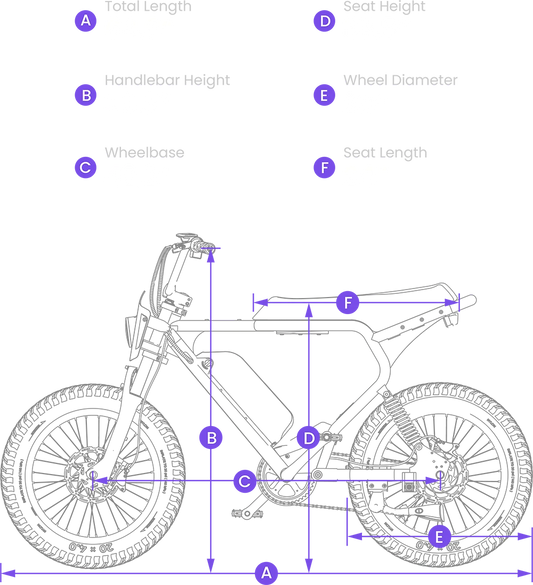 Alt text: Size guide for the Macfox X2 e-bike, displaying bike dimensions, frame measurements, and recommended rider height.