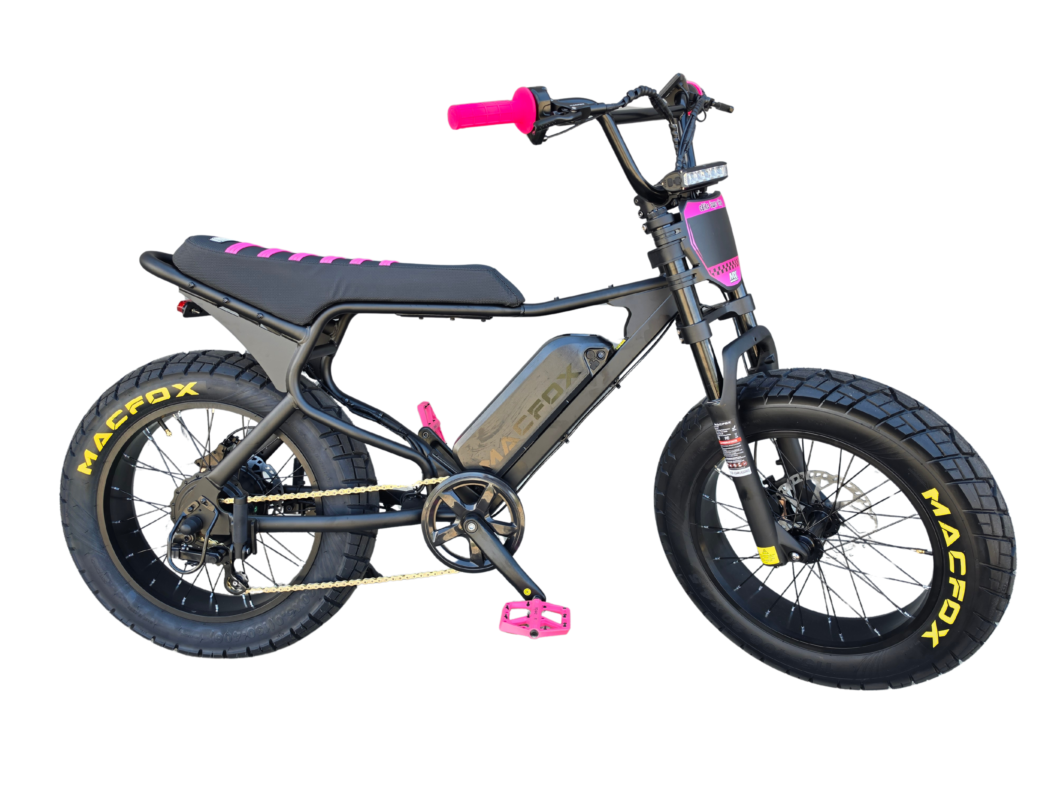 Custom Macfox X7 eBike in pink and black, side view, displayed against a plain background