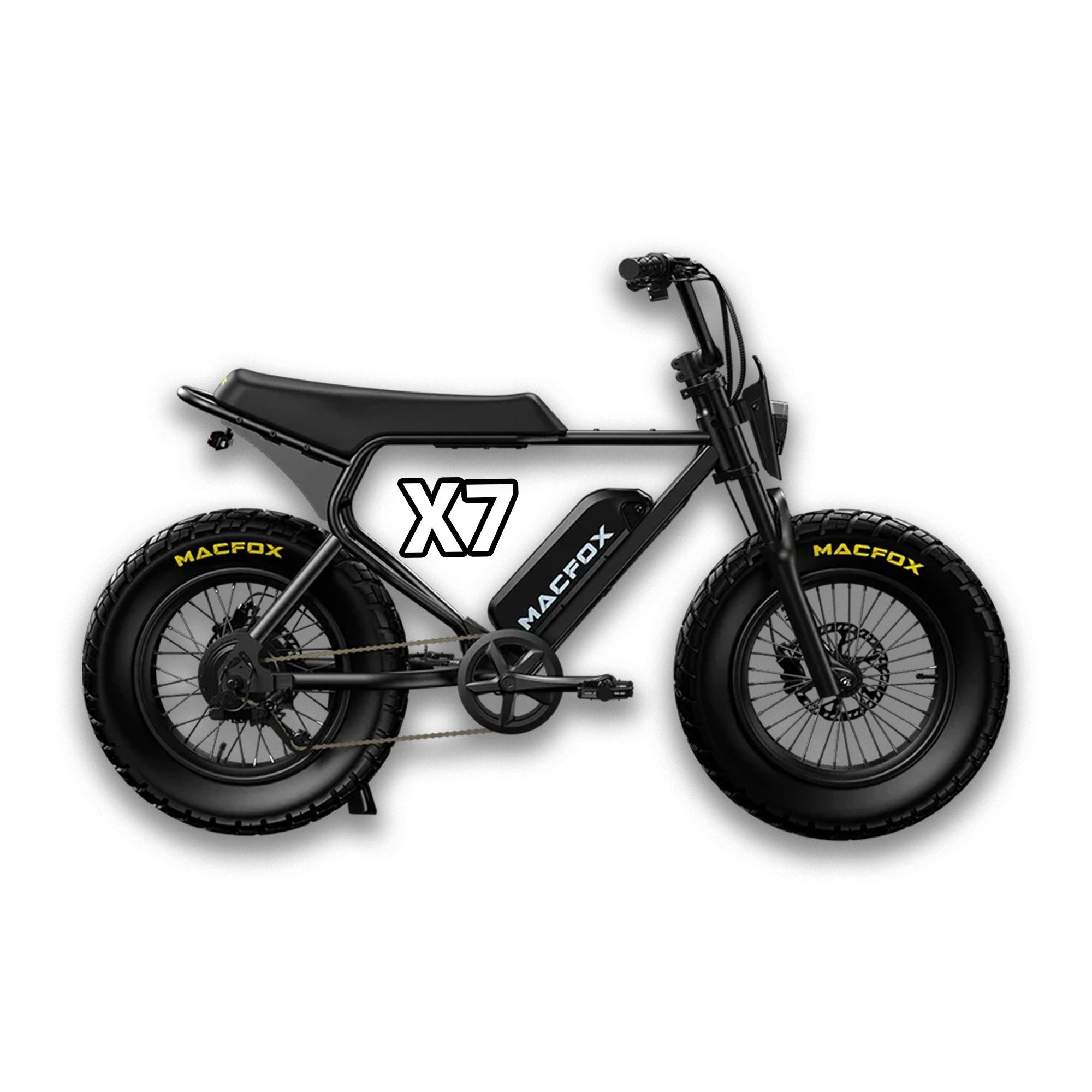 Black Macfox X7 eBike side view, showcasing rugged frame and large tires on a white background