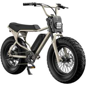 Desert beige Macfox X7 eBike standing alone on a sandy desert landscape