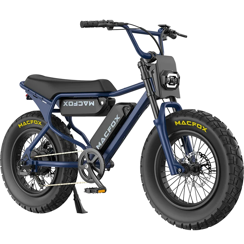 Navy blue Macfox X7 eBike with dual battery, side view, displayed against a white background.
