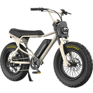Desert beige Macfox X7 ebike with single battery, shown from the side against a plain background.
