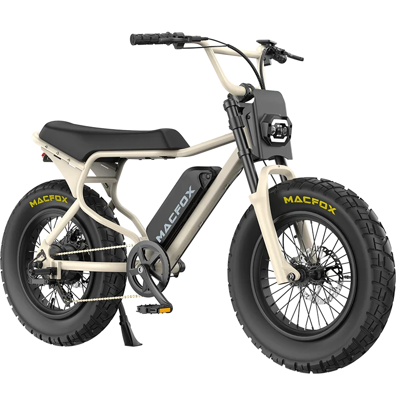 Desert beige Macfox X7 ebike with single battery, shown from the side against a plain background.