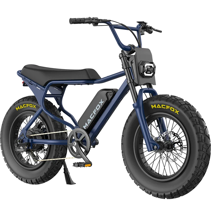 Navy blue Macfox X7 eBike with single battery, side view, product image