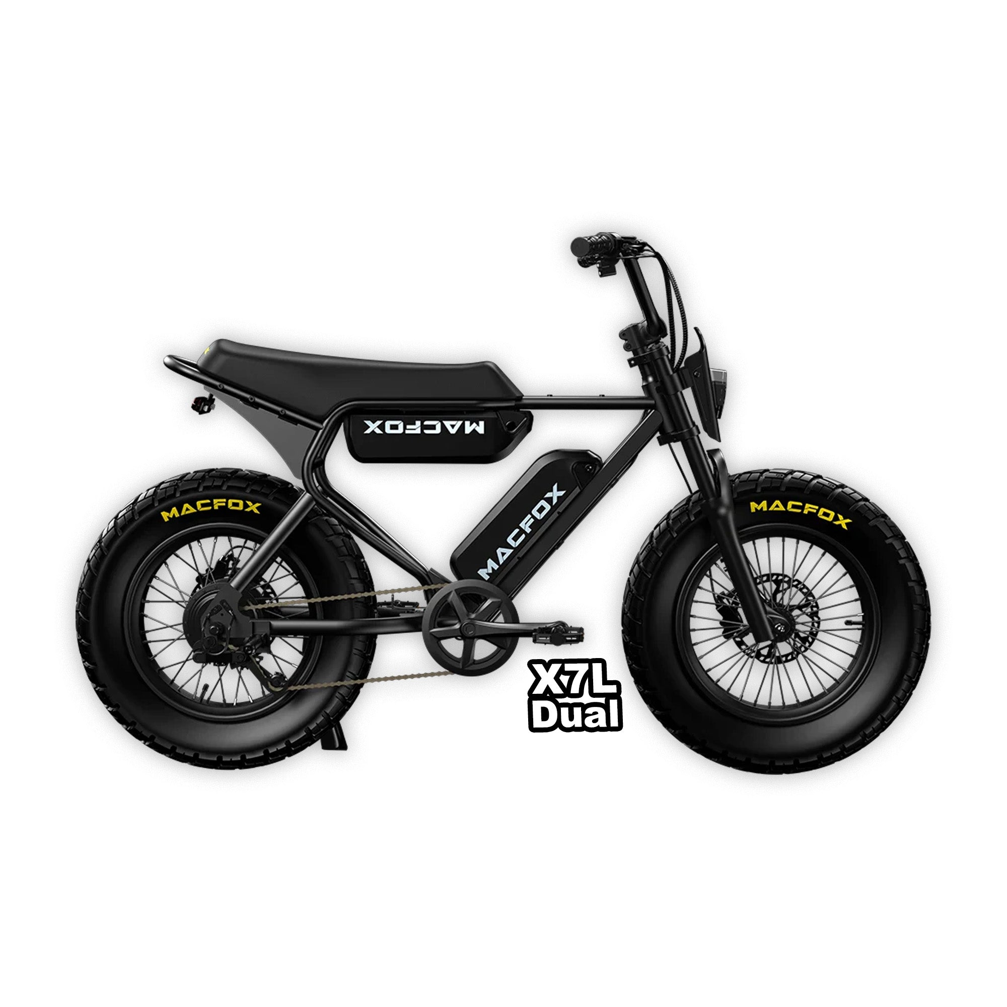 Black Macfox X7L eBike with dual battery, shown in box, product image for R2R Escondido, model number 810206240601
