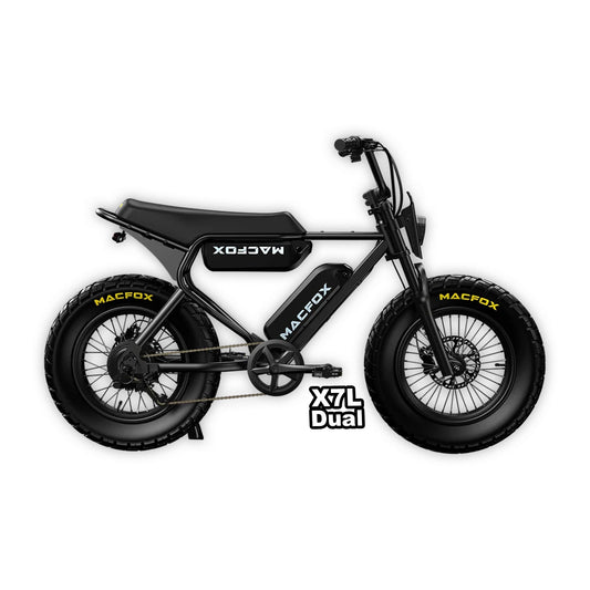 Black Macfox X7L e-bike with dual battery, shown in original box packaging, labeled R2R Escondido, product code 810206240601.