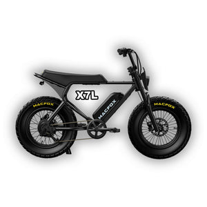 Black Macfox X7L eBike side view, showcasing rugged frame, large tires, and battery pack