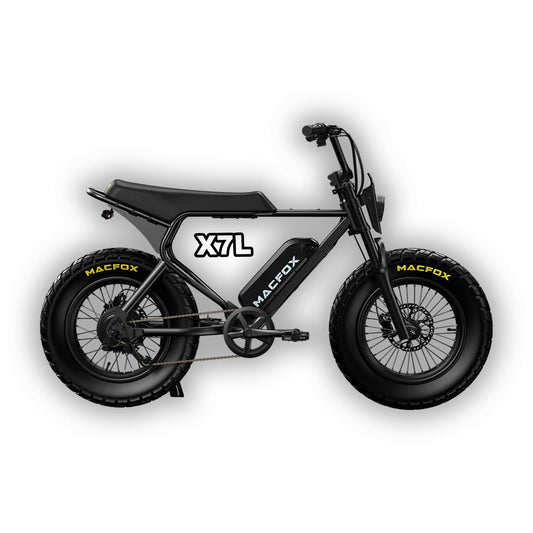 Black Macfox X7L electric bike, side view, with rugged tires and sleek frame design