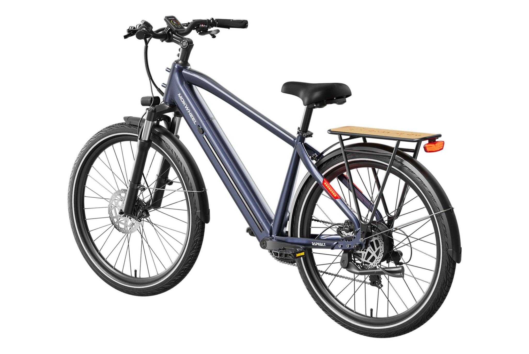 MOKWHEEL Asphalt 2.0 electric bike in matte black, shown from a side angle with thick tires, front suspension fork, and integrated battery on the downtube.