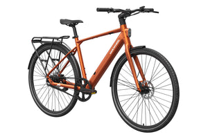 Side view of the Mokwheel Flint Pro eBike in orange, showcasing its frame, wheels, and battery compartment.