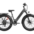 Gray Mokwheel Mesa Plus ST eBike side view, showcasing step-through frame, battery, and tires against a plain background.