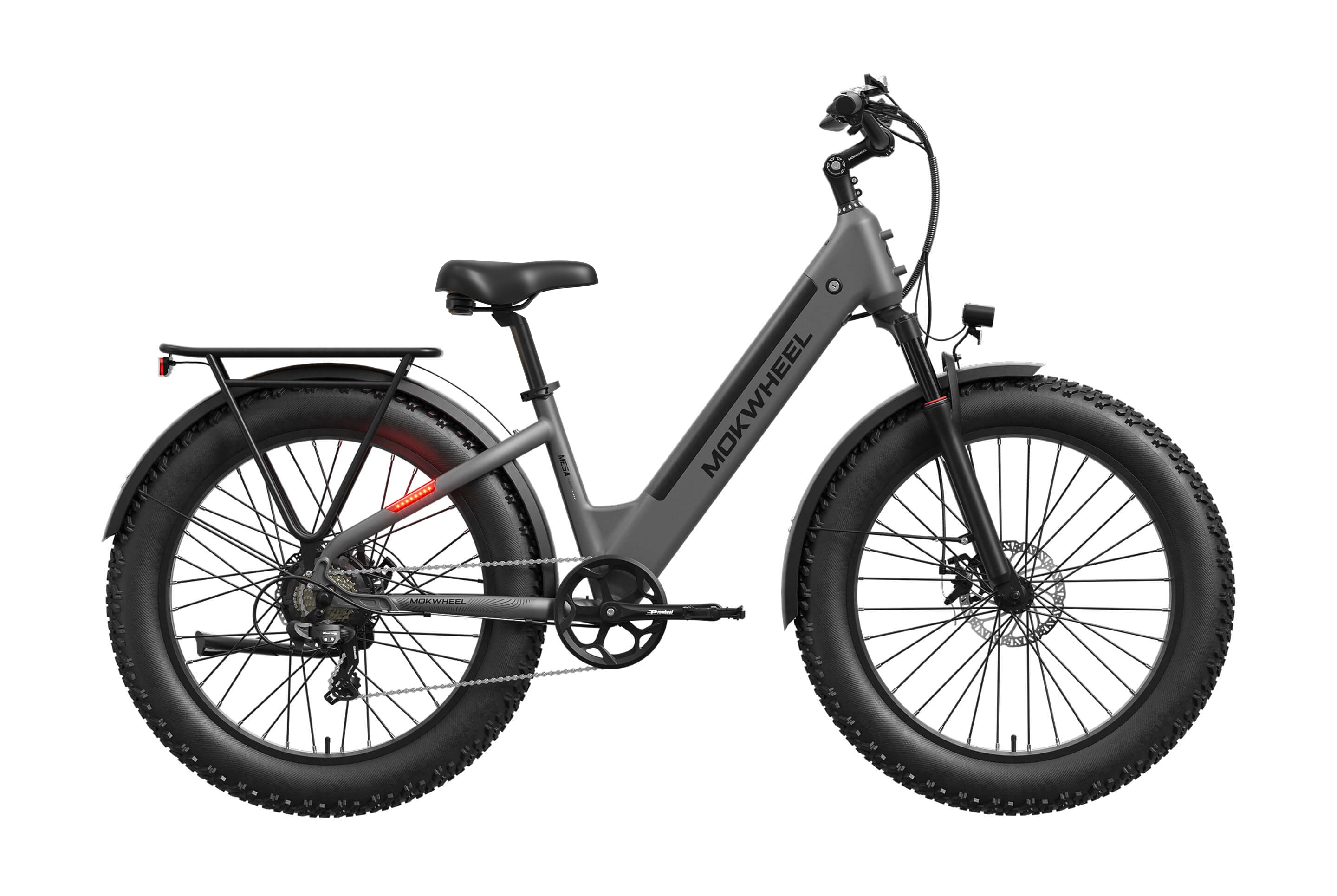 Gray Mokwheel Mesa Plus ST eBike side view, showcasing step-through frame, battery, and tires against a plain background.