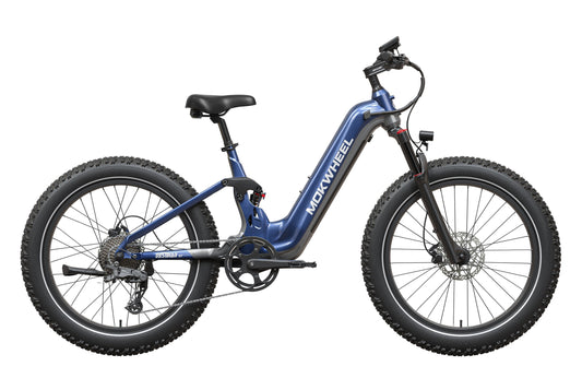 Blue and gray Mokwheel Obsidian ST 2.0 eBike side view against a white background