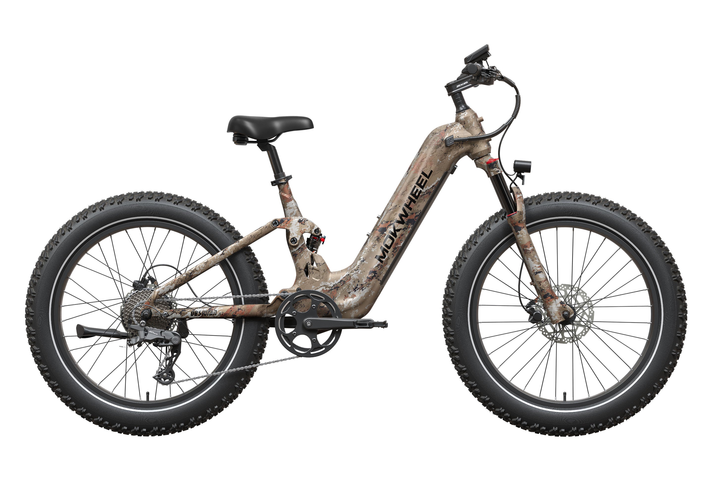 Mokwheel Obsidian ST 2.0 eBike in Desert Camo color, side view, showcasing fat tires and sturdy frame design