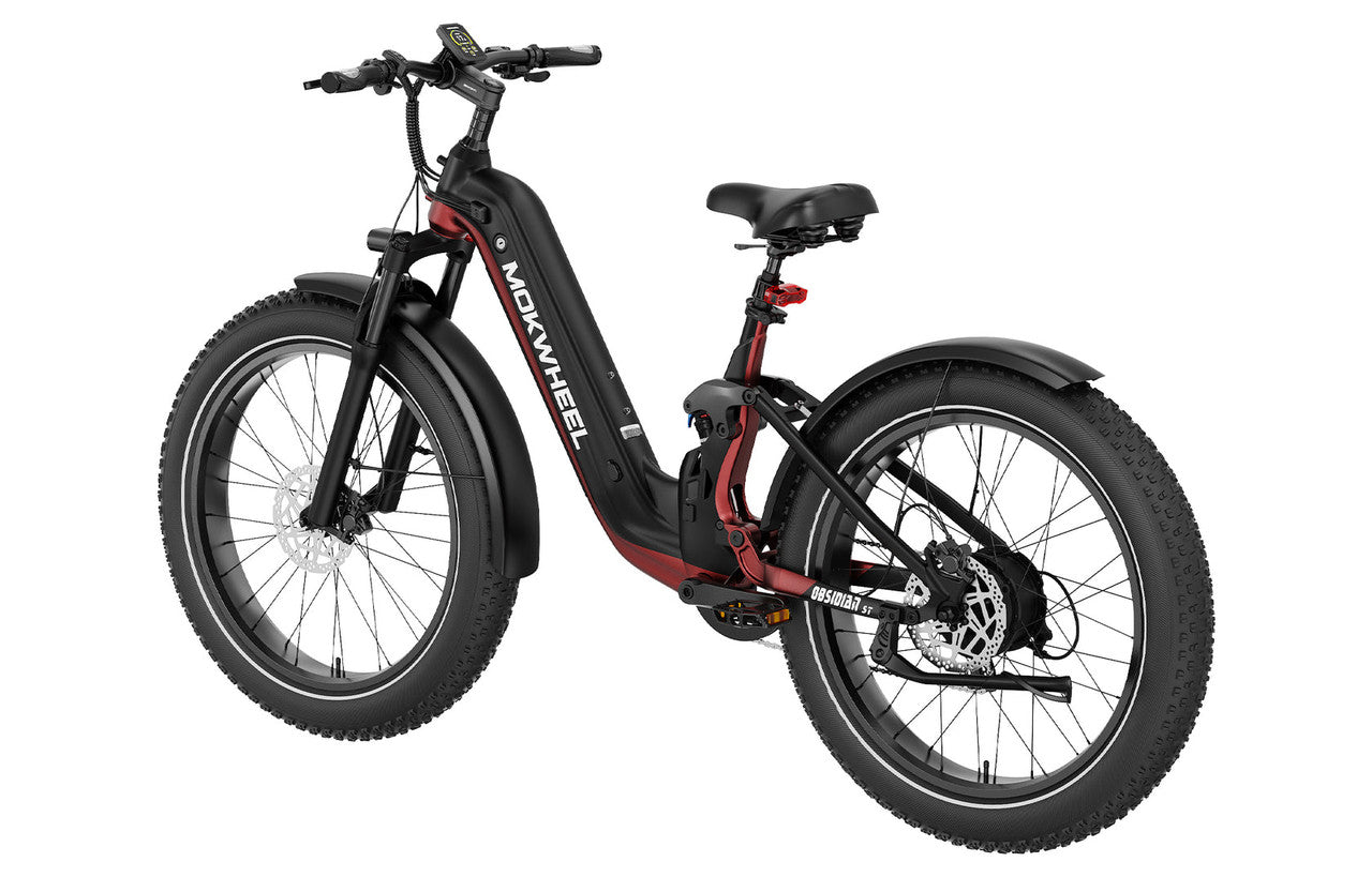 Black and red Mokwheel Obsidian ST eBike, side view, showcasing frame design and color scheme.