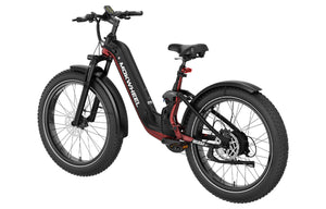 Black and red Mokwheel Obsidian ST eBike, side view, showcasing frame design and color scheme.