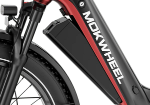 Black and red Mokwheel Obsidian ST eBike with 18-inch frame, side view, showcasing sleek design and bold color accents.