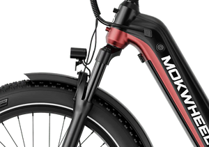 Black and red Mokwheel Obsidian ST eBike with a sleek frame, shown from the side against a plain background.