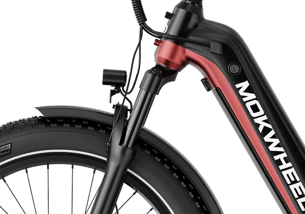 Black and red Mokwheel Obsidian ST eBike with a sleek frame, shown from the side against a plain background.