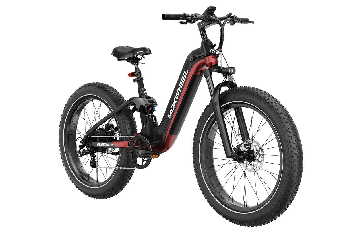 Black and red Mokwheel Obsidian ST eBike with a sturdy frame, thick tires, and modern design, shown from a side angle.