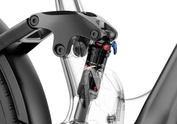 Black and red Mokwheel Obsidian ST eBike, side view, showcasing frame design and color scheme.