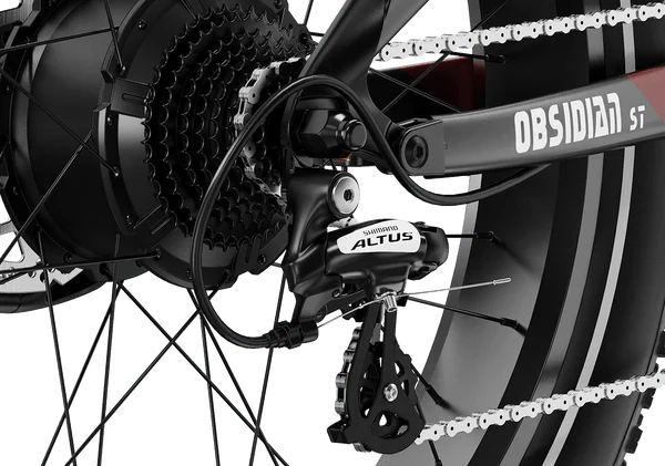 Black and red Mokwheel Obsidian ST eBike, side view, showcasing frame design and color scheme.