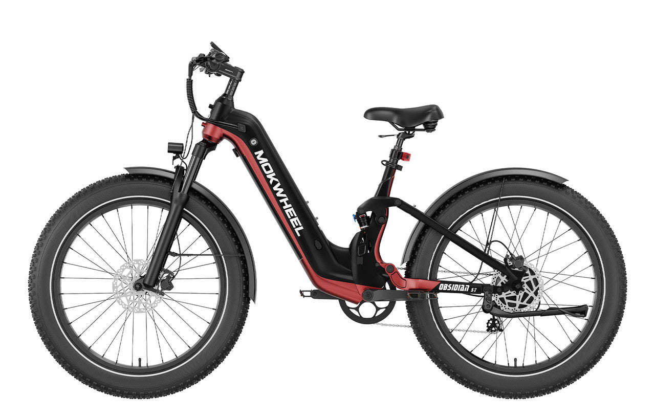 Black and red Mokwheel Obsidian ST eBike with a sturdy frame, thick tires, and modern design, shown from a side angle.